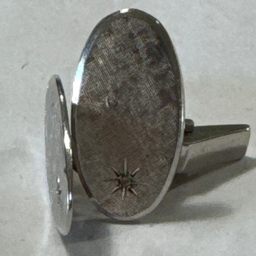 1x.5” Oval Brushed Sterling Silver Star Burst Diamond Accent Cuff Links